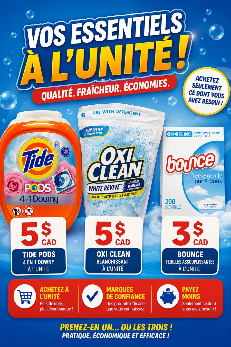 Produits Tide Oxi Clean Bounce à l'unité